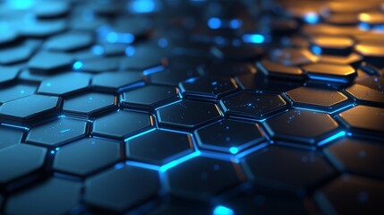 Obraz premium Hexagonal carbon fiber with blue luminous lines and highlights background.