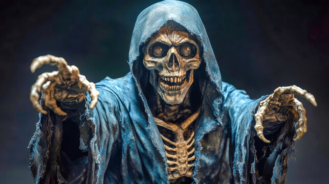 A skeletal figure in a black hood and blue cloak outstretches its hands, revealing a frightening face against a dark backdrop with cinematic lighting