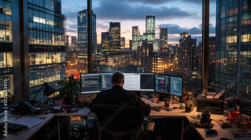 Poster man working at a desk with a city view at sunset