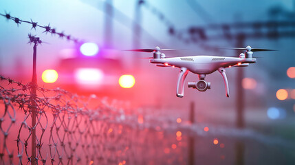 Drone monitoring barbed wire at the border with police lights illuminating the background at dusk, showcasing advanced security measures in action
