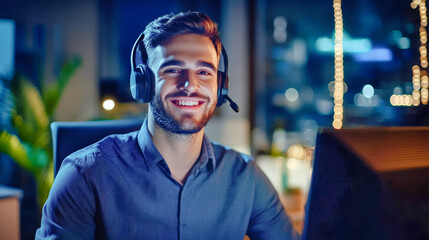 Obraz premium Happy customer service agent smiling while working in a call center at night, providing assistance and support with a professional headset