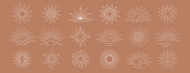 Vector set of linear boho sunrise logo, sunset symbols or sun rays. Hand drawn sunburst, white outline sunbeam thin line design elements in minimal bohemian style. Mystic magic esoteric spiritual icon