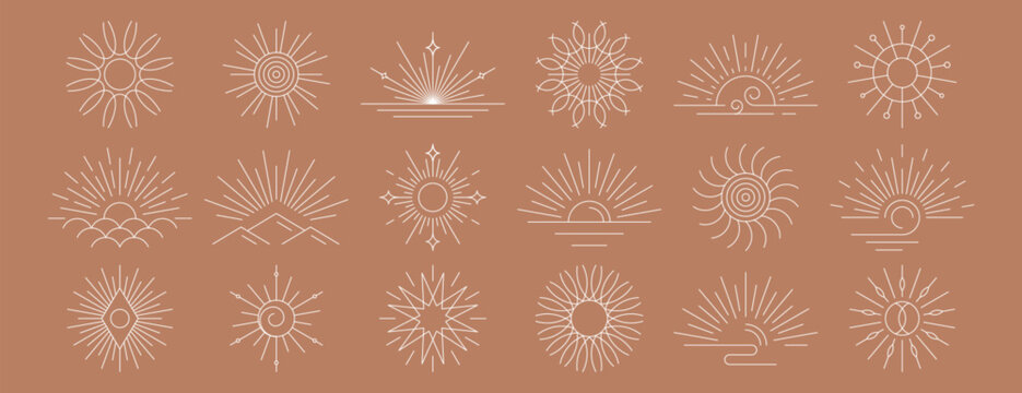 Vector set of linear boho sunrise logo, sunset symbols or sun rays. Hand drawn sunburst, white outline sunbeam thin line design elements in minimal bohemian style. Mystic magic esoteric spiritual icon