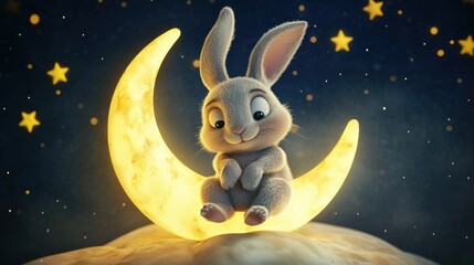 Fototapeta premium Adorable Cartoon Bunny by a Glowing Crescent Moon in a Dreamy Night Scene