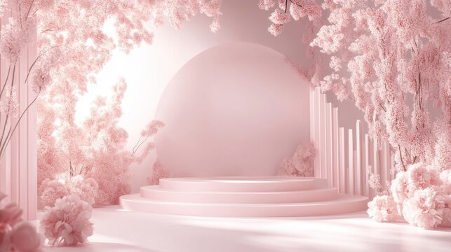Serene Pink Cherry Blossom Stage with Rising Sun Background