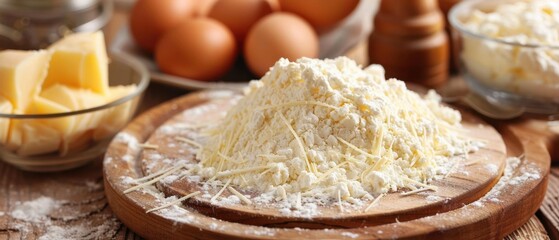 Fototapeta premium Grated Cheese on Wooden Board with Eggs and Butter Background