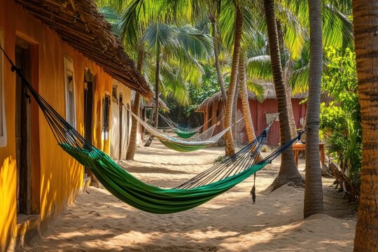 A tranquil scene featuring colorful hammocks strung between palm trees and rustic cabins.