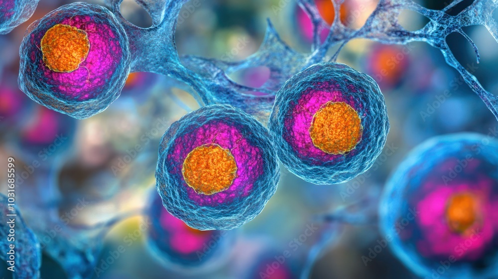Poster microscopic view of cells with orange and pink nuclei