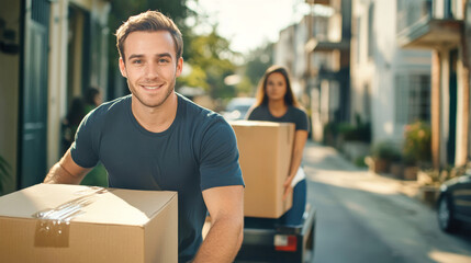Young men and women engaged in moving boxes using a hand truck in a sunny residential area during the afternoon