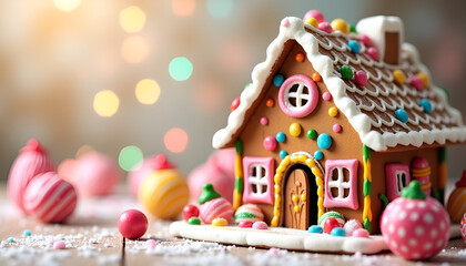 Gingerbread house whimsical festive decorating against blurred holiday lights