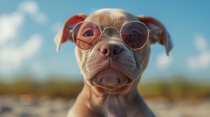 A puppy wearing sunglasses chilling at the beach in summer.