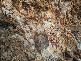 The dredged soil reveals rocks that are visible in the sun. Red and yellow rocks where the soil is dug. Cut soils - sandstone, stone, clay, structures and sand layers. 