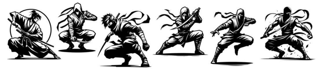 dynamic ninja poses with swords black vector line art