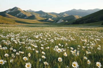 Fototapeta premium In the valley, there is an endless grassland with white daisies blooming on it. The golden light shines down from top to bottom and creates beautiful shadows. 