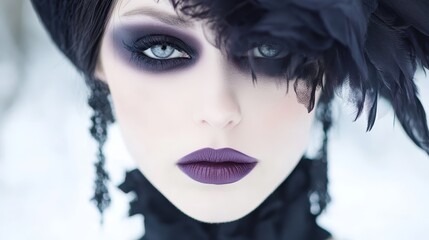 Fototapeta premium A woman's face, closely framed Black feathered headpiece adorns Lips painted in vivid purple
