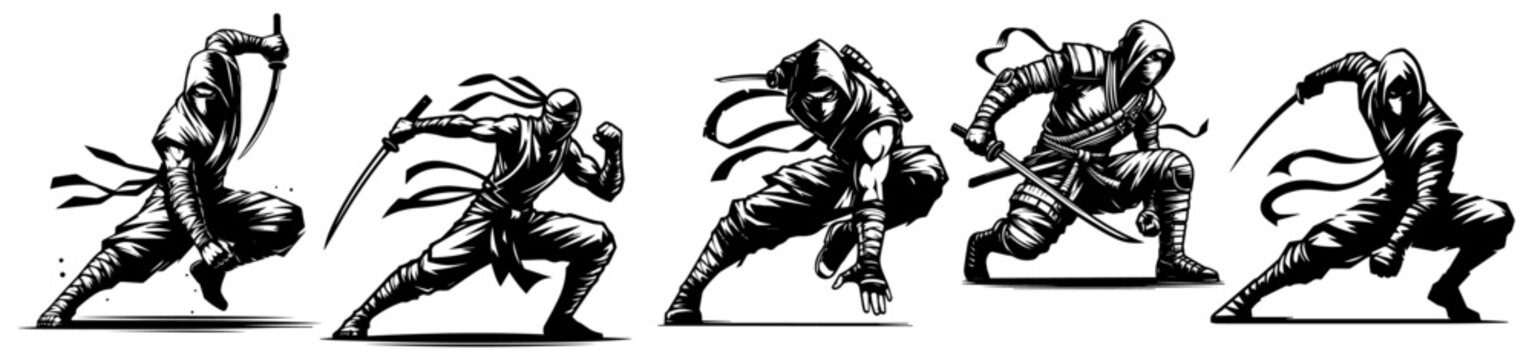 ninja warriors in attack stance black vector design
