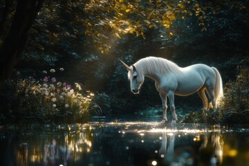 A pure white unicorn standing beside a shimmering crystal-clear pond in an enchanted forest