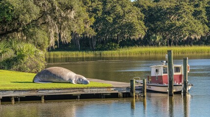 A manatee resting on the shore near a small boat by a calm river.