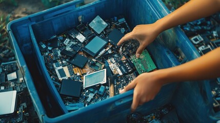 Person Sorting Through Electronic Waste in a Blue Bin