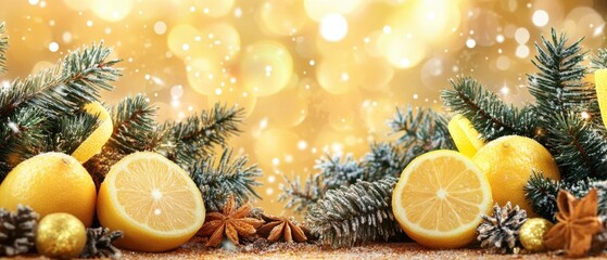 Festive Christmas Decoration with Lemons and Pine Branches