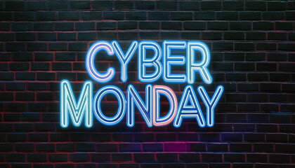 Obraz premium 3D render Cyber Monday Concept banner in fashionable neon style, luminous signboard, nightly advertising of sales rebates of Cyber Monday. Black brick wall. Editing text neon sign.