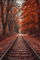 Fototapeta premium An autumn forest with trees in orange and red leaves, with the ground covered by fallen leaves. The railway tracks go straight through it.