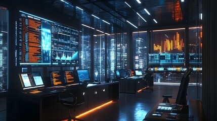 Futuristic Virtual Reality Trading Room with AI Powered Real Time Insights and Analytics