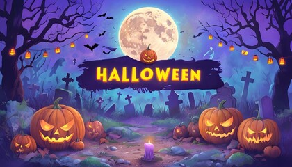 Spooky Halloween night with Jack-o'-lanterns in graveyard, party invitation backdrop