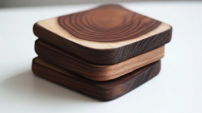 Rustic Wooden Coasters Stack in Modern Kitchen. DIY Wood Coasters