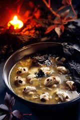 Halloween soup with mushroom champignon skulls in a ceramic bowl on a dark background, close up view. Idea for halloween food