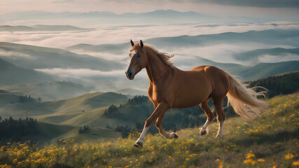 Obraz premium Nature landscape with wild horse. Wild horss in nature landscape. Mountain landscape. Mountain horse in nature ambient on a sunny day.