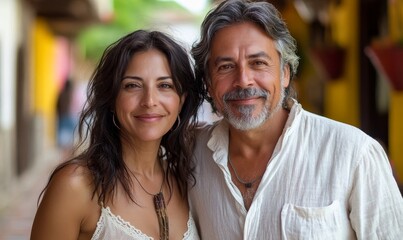 Portrait Latin Mature couple handsome and beauty outdoor travel, Generative AI