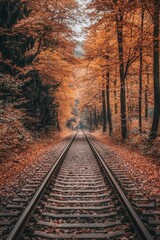Obraz premium An autumn forest with trees in orange and red leaves, with the ground covered by fallen leaves. The railway tracks go straight through it.