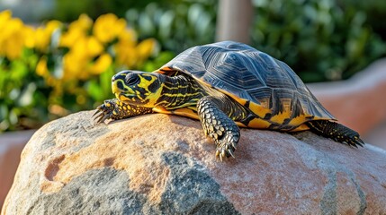 A turtle basking on a rock with vibrant flowers in the background.