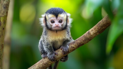 Obraz premium A small, cute monkey with black, yellow, and white fur sits on a branch in a lush, green forest.