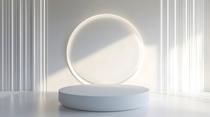 Circular Mirrored Podium with Soft White Halo Light on Clean Background for Modern Product Display