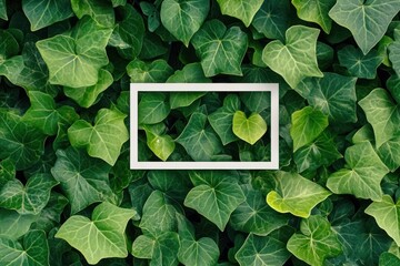 A close-up view of vibrant green ivy leaves with a blank frame for emphasis.