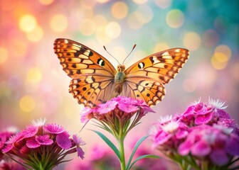 Naklejka premium Surreal High Brown Fritillary on Carthusian Pink: Nature's Dreamlike Encounter