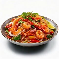 Generates delicious Yam Woon Sen in a beautiful dish isolated on white background; Spicy glass noodle salad with seafood and vegetables.