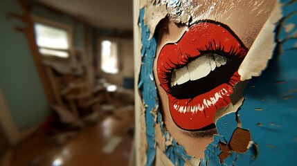 Red Lips Peeking Through Cracked Blue Paint