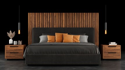 Modern Bedroom Interior Design with Wooden Wall and Black Bed