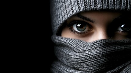 eyes widened, hat pulled snugly down, scarf obscuring the lower part