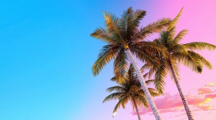 Fototapeta premium Palm Trees Silhouette Against Vibrant Sunset Sky Tropical Paradise