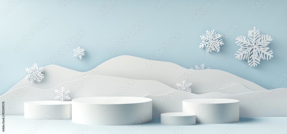 Wall mural A serene winter landscape with white snowflakes and circular platforms.