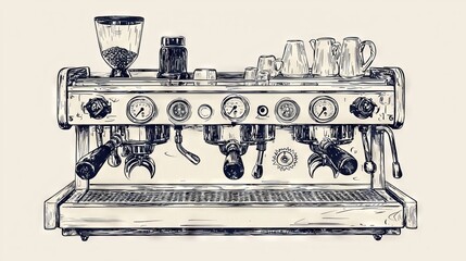 An illustrated espresso machine showcasing mechanical design that depicts knobs and gauges for coffee culture and café themes in black and white.