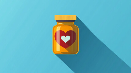Flat illustration of a medicine bottle with heart symbol on blue background. Long shadow style for healthcare design.