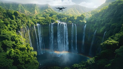 Fototapeta premium A drone flying over a majestic waterfall in a tropical paradise, with rainbows forming in the mist.