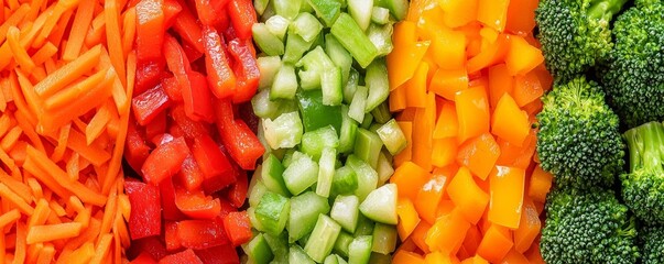 A vibrant assortment of fresh vegetables including carrots, bell peppers, celery, and broccoli, arranged in colorful strips.