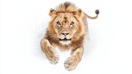 Obraz premium Majestic lion leaping through snow, showcasing its powerful physique and fierce expression. scene captures beauty and strength of this magnificent animal in striking winter landscape