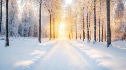 A serene winter landscape with a snow-covered path and sunlight filtering through frosted trees.